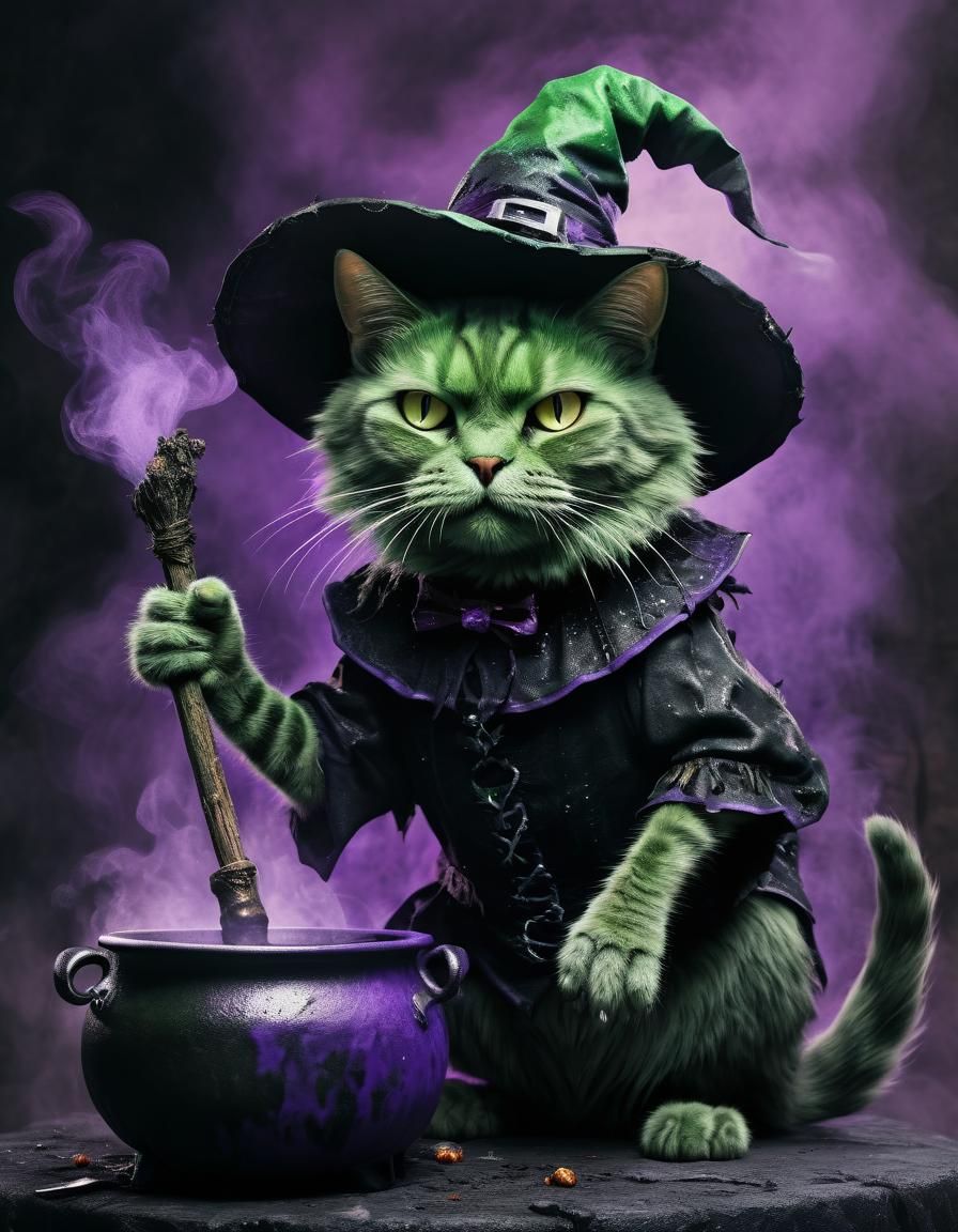 Sinister Cat Witch with Dark Magic Potions