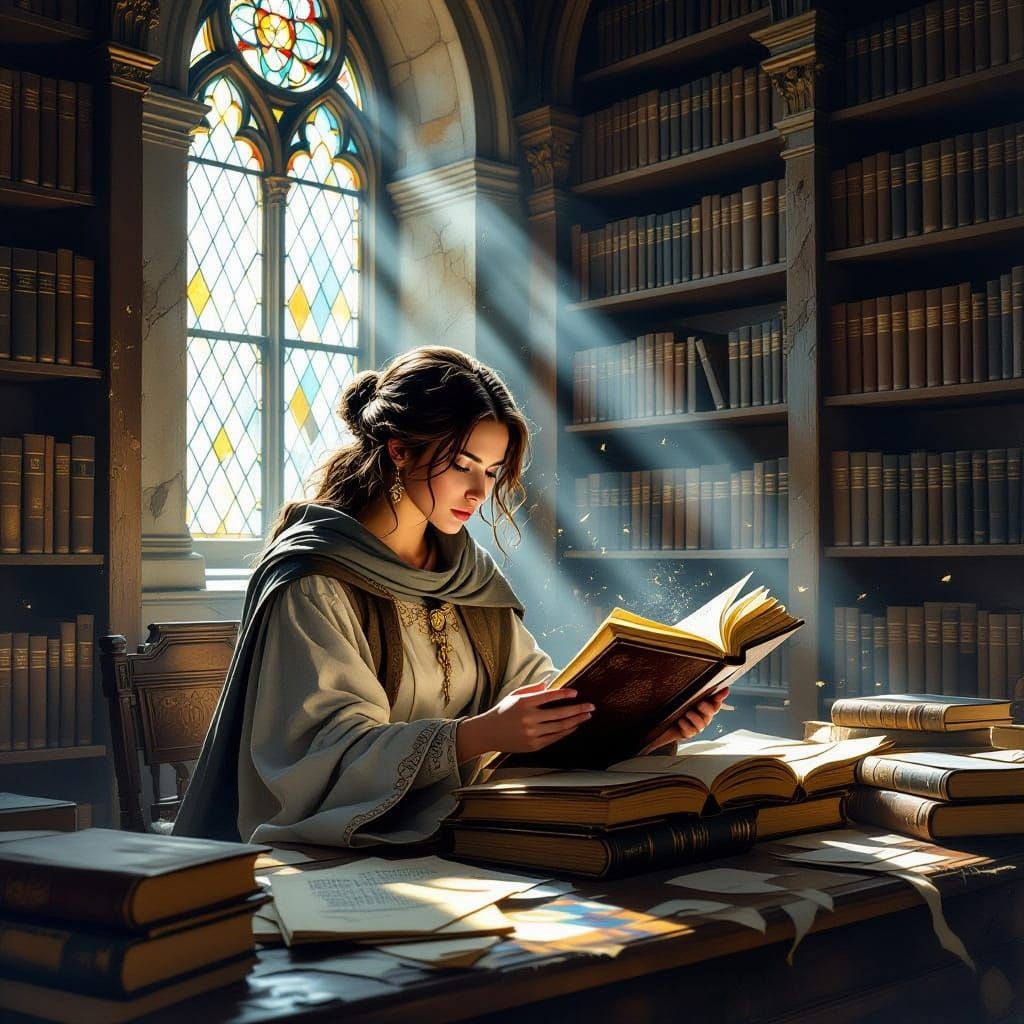 Scholar Studies Ancient Tome in Sunlit Forgotten Library