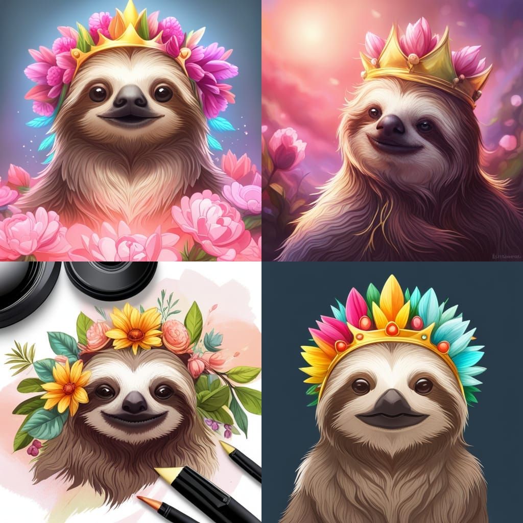 Happy Sloth with Golden Crown, Detailed Portrait
