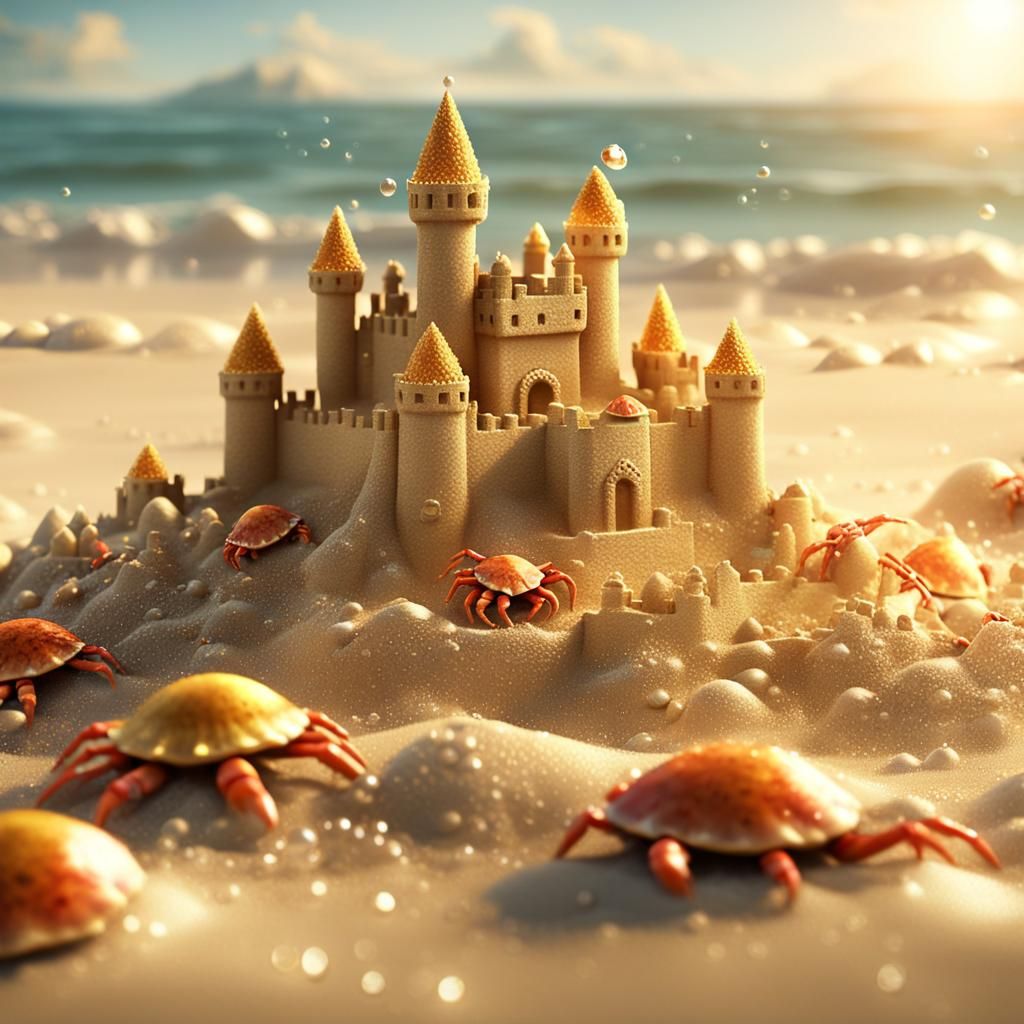 Crab Builds Sandcastle: 3D Photorealistic Masterpiece