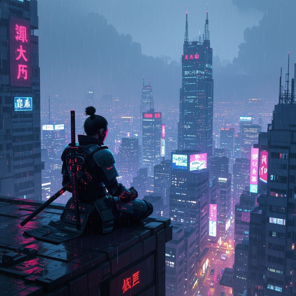 Neon Samurai Meditation in Cyberpunk Cityscape