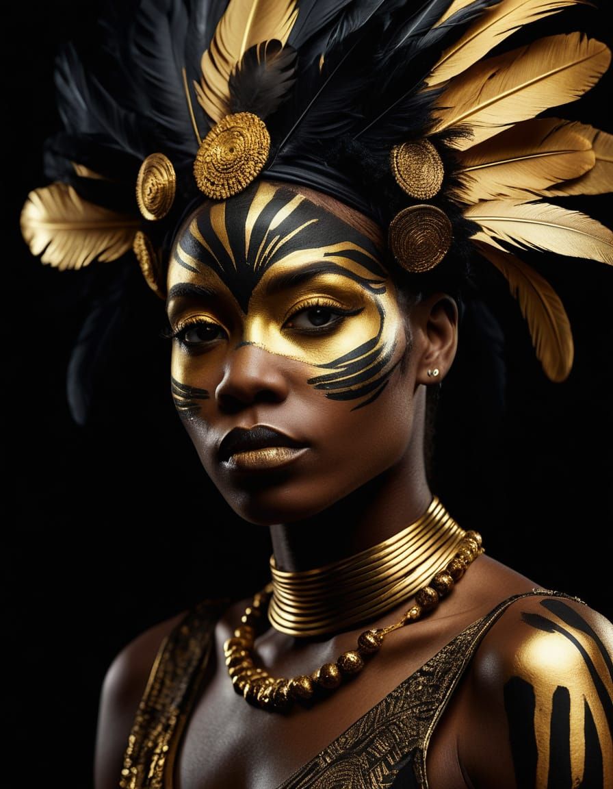 Golden Afrofuturist Portrait with Feathers