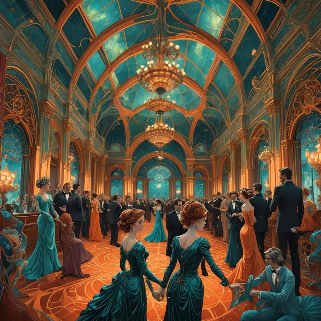 Arachnid Socialites Networking in Opulent Ballroom