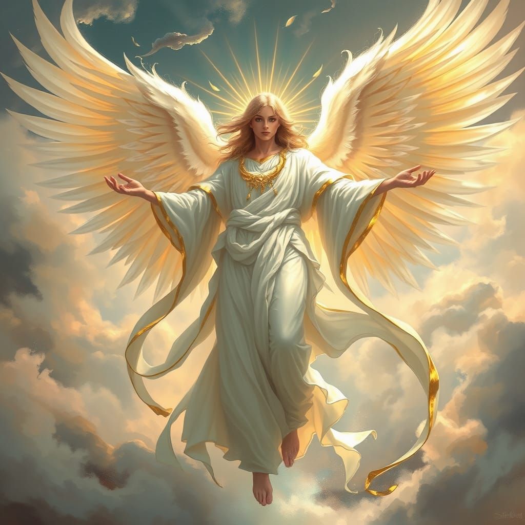 Majestic Angel in Radiant Light, Swirling Clouds and Feather...