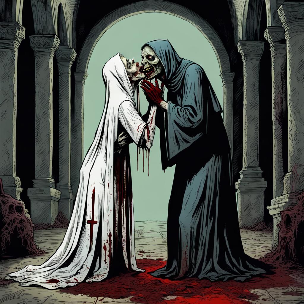 Zombie Nuns Kiss in Monastery: Creepy Magazine Horror