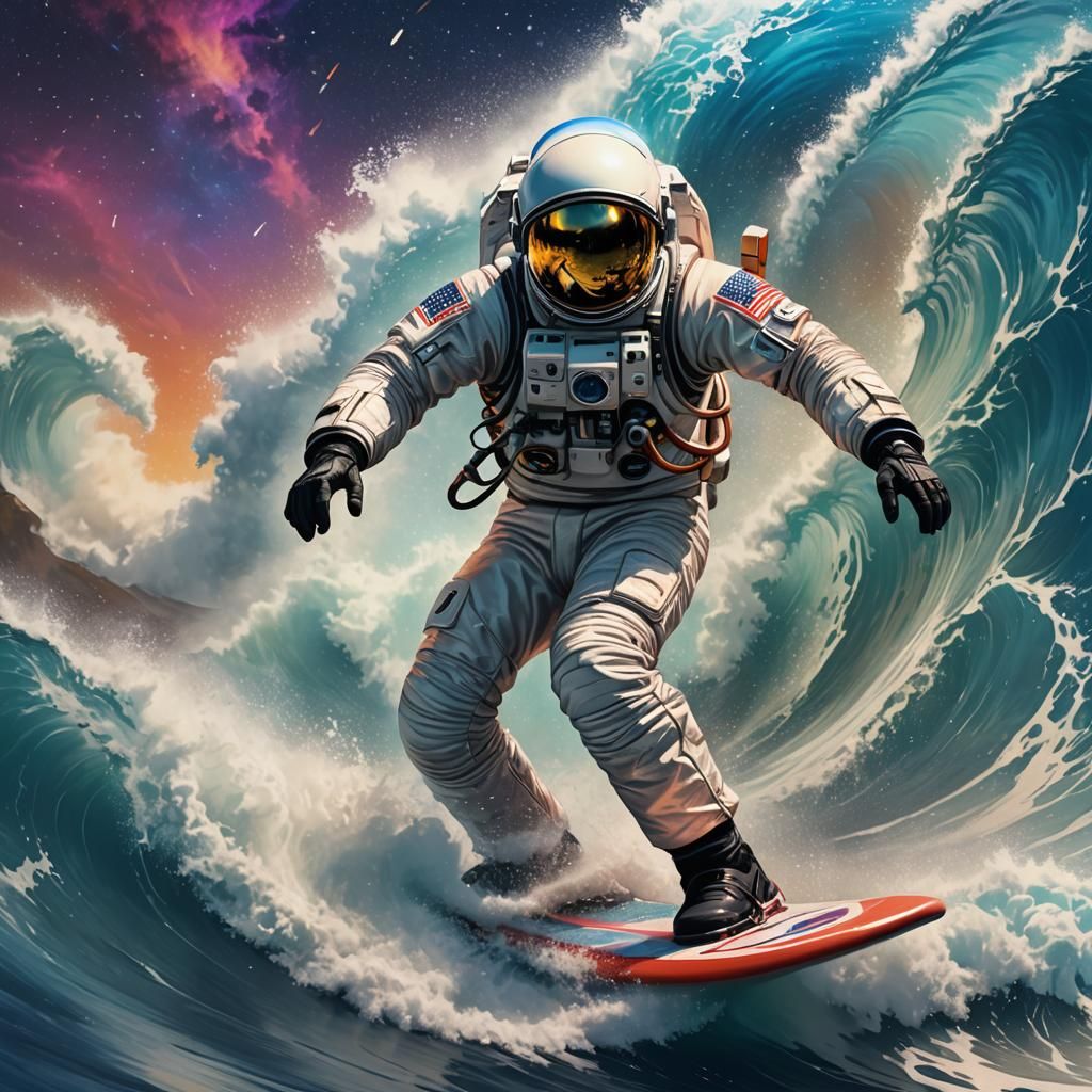 Astronaut Surfing Epic Wave with Star Reflections