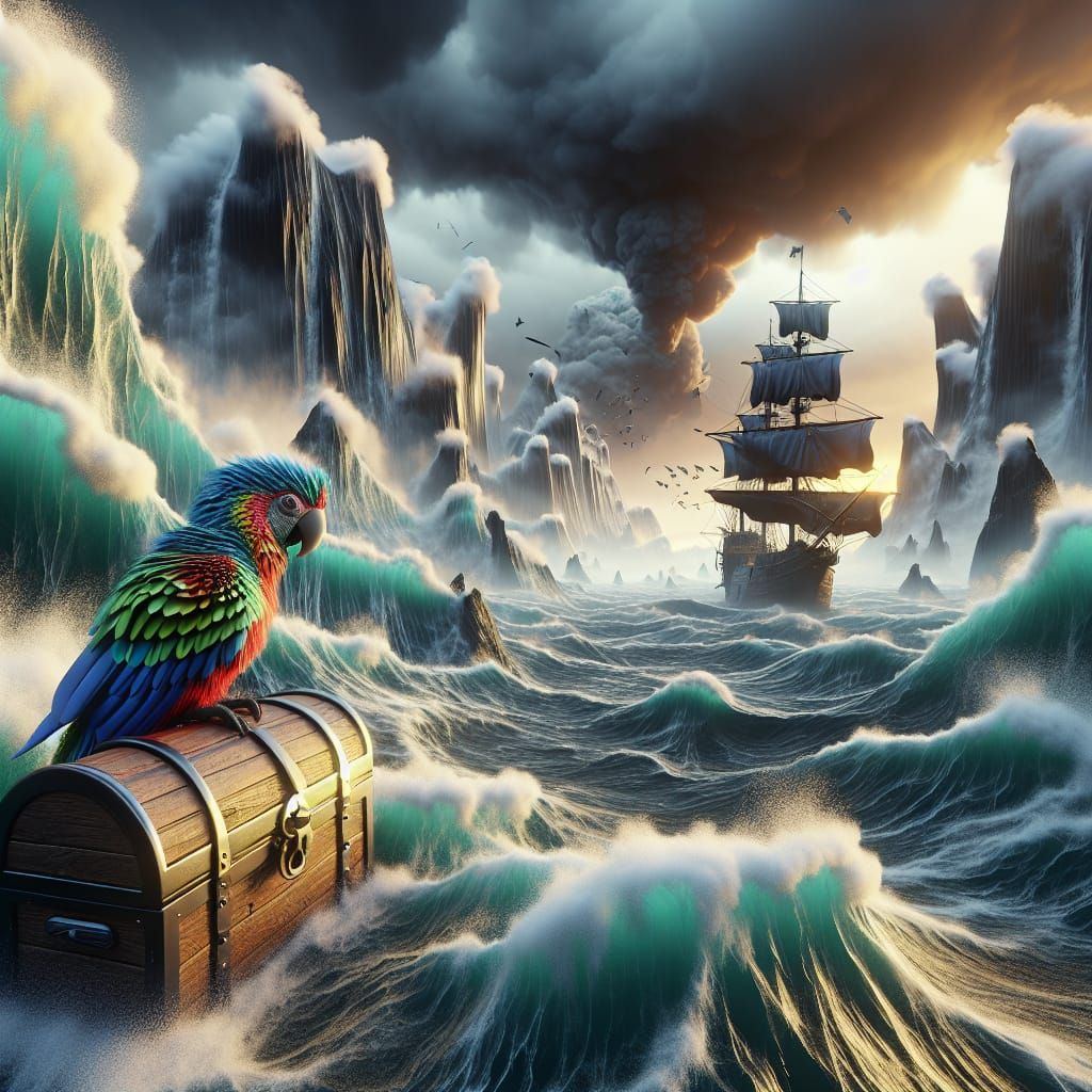 Stormy Seascape with Pirate Ship and Parrot in 3D