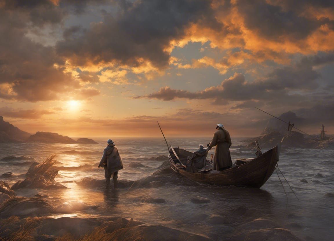 Epic Sunset Silhouette: Fishermen in Detailed Matte Painting