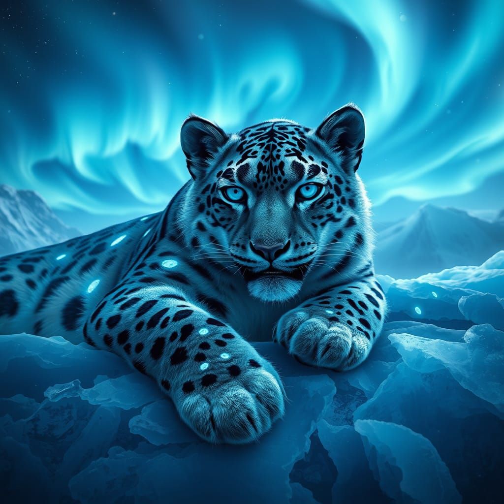 Bioluminescent Snow Leopard Under Aurora, Digital Art