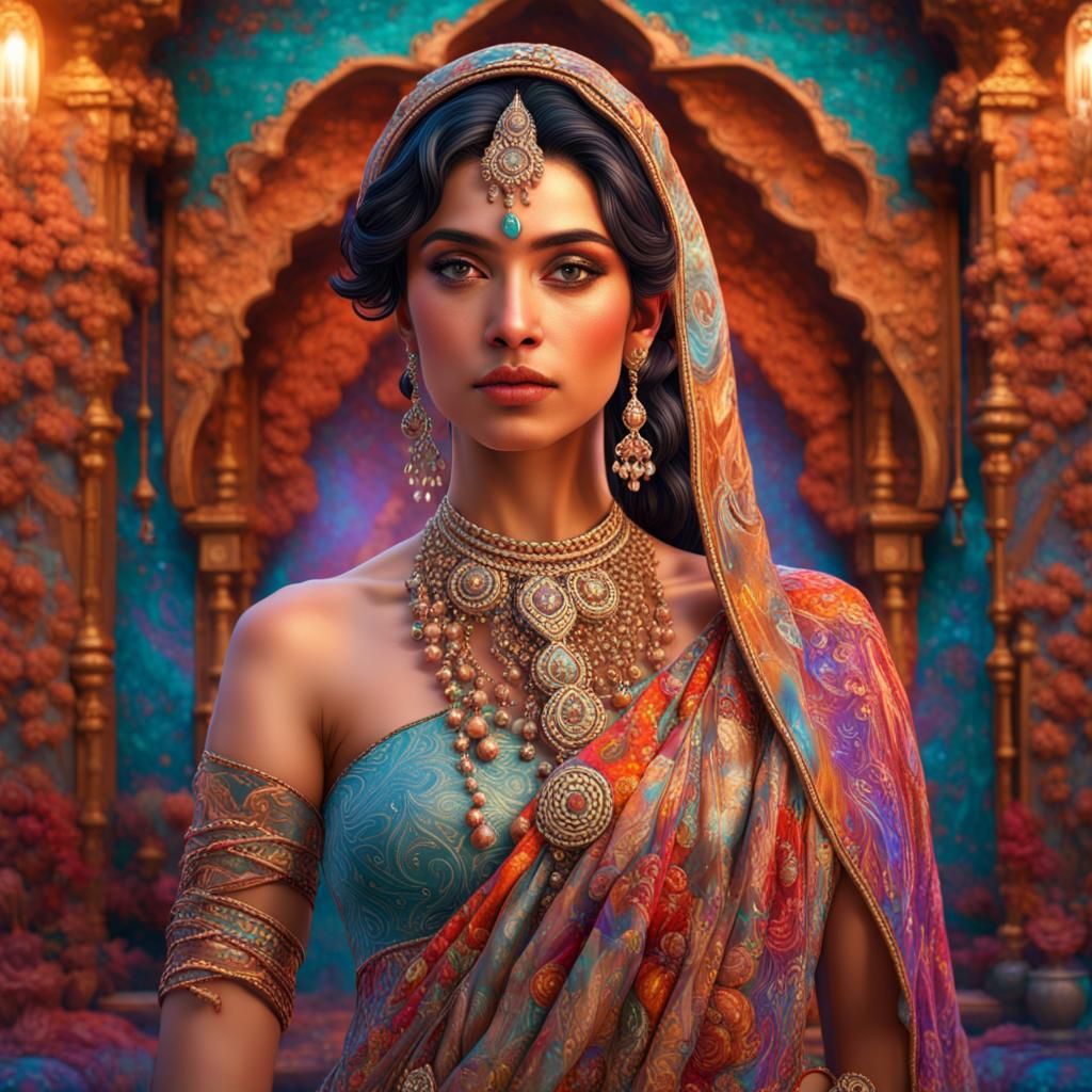 Beautiful Indian Woman in Hyperdetailed Holographic Art