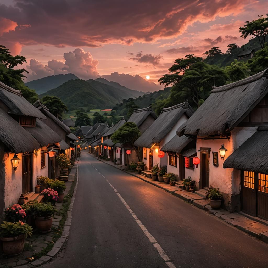 Small village at sunset