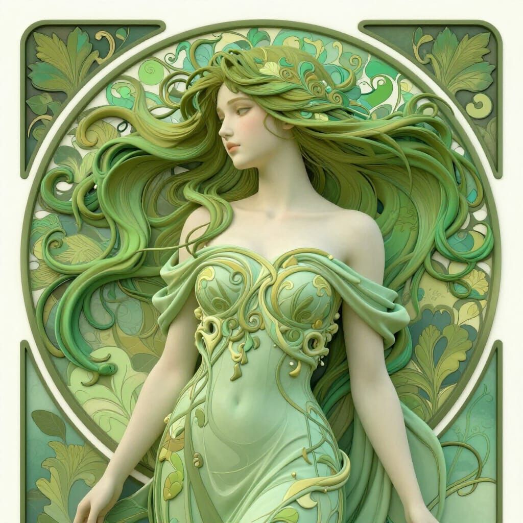 Art Nouveau Woman Portrait in Lush Green Tones