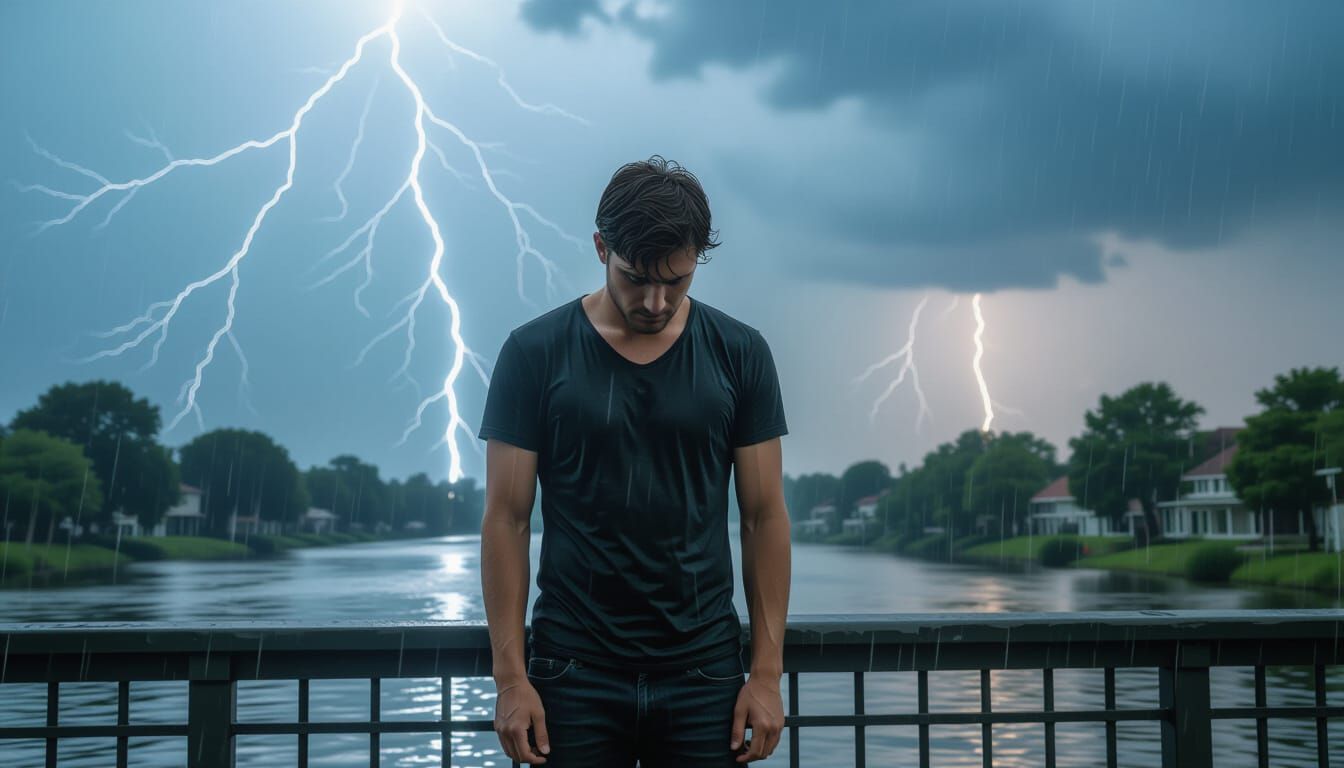 Man on Bridge in Storm, Dramatic Lighting