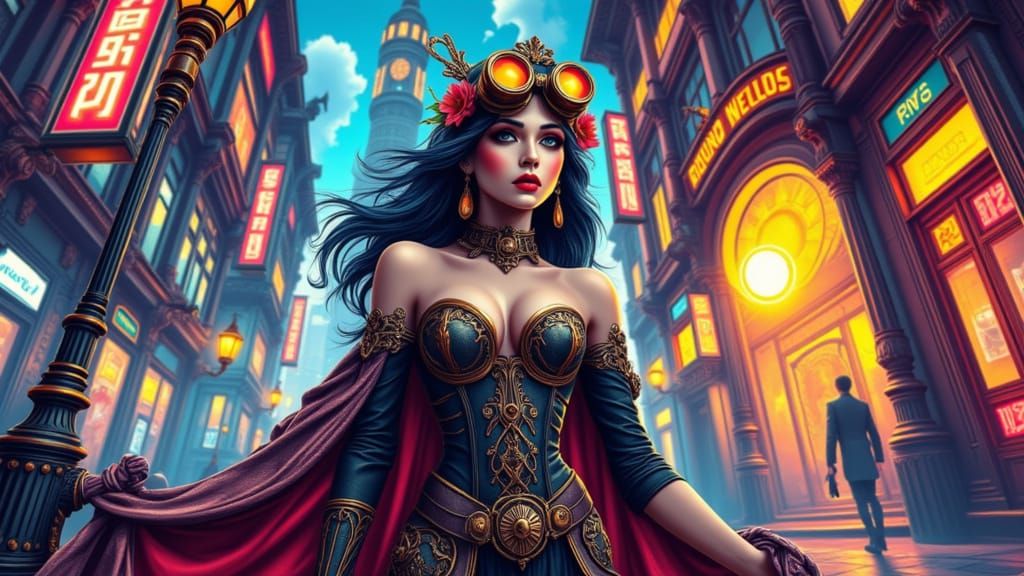 Steampunk Woman Shines in Neon Cityscape