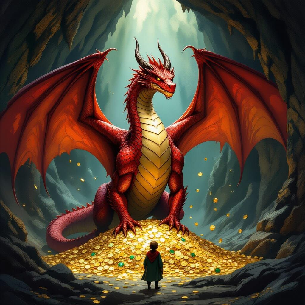 Dragon Smaug Awakens in Treasure Cave, Bilbo Awestruck