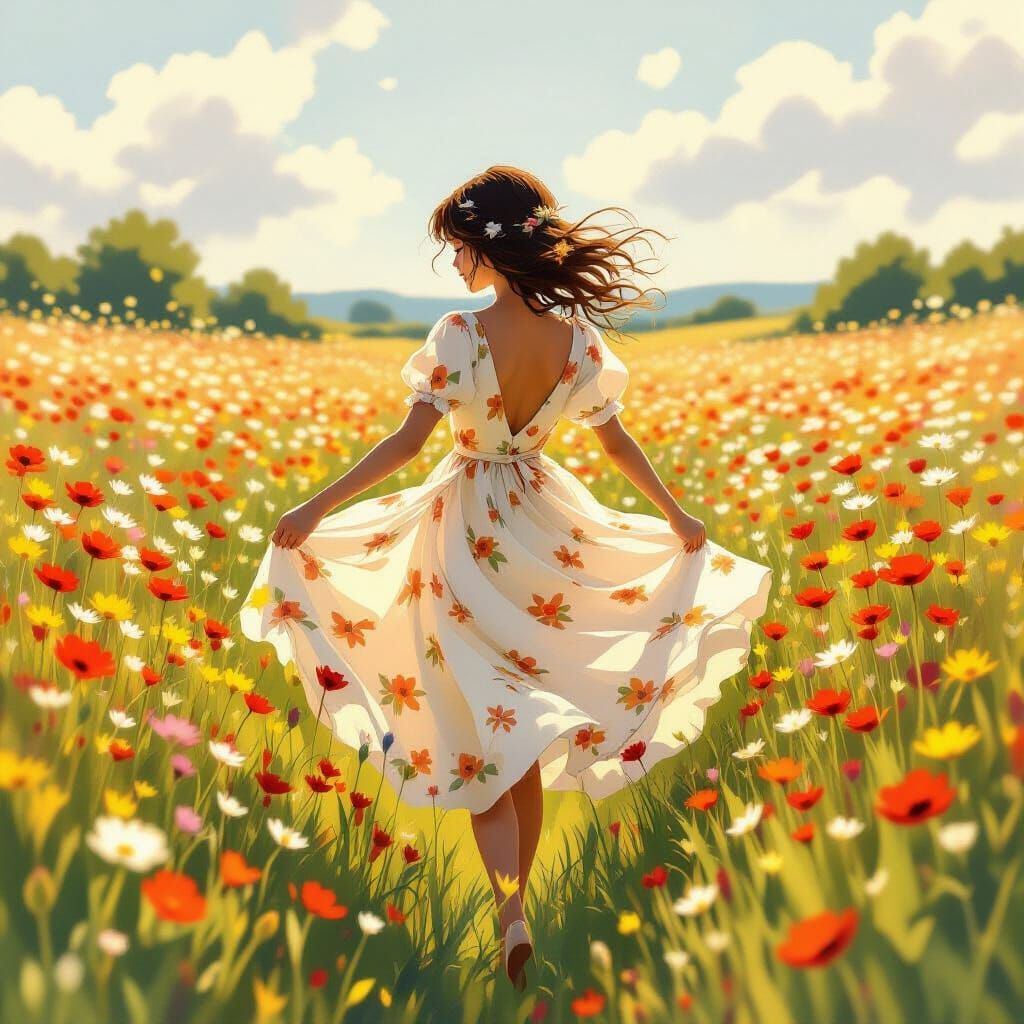 Girl Dancing in Wildflower Field, Impressionistic Style