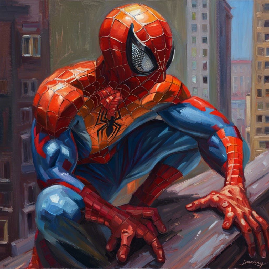 Spiderman, surveying crime, close up, hyper reflective