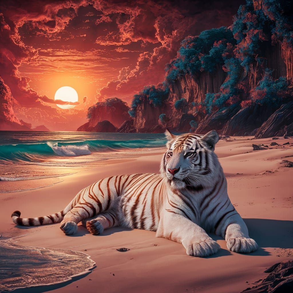 Majestic White Tiger at Sunset: 3D Matte Painting
