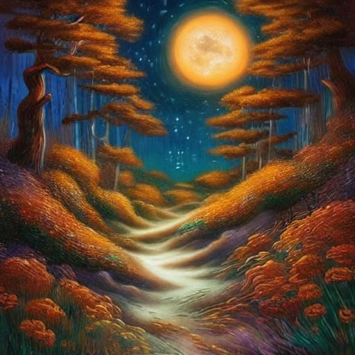 Mythological Moonlit Scene in Vintage Illustration Style