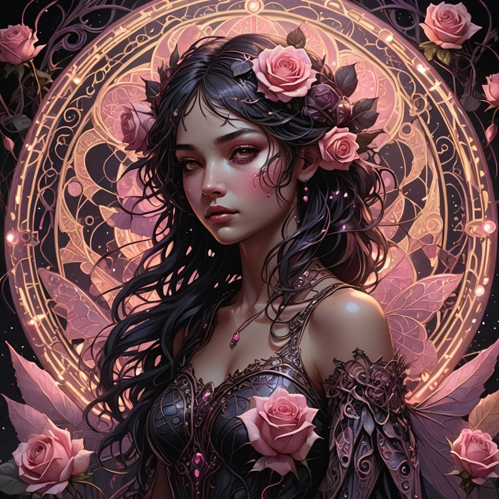 Glowing Pink Rose Fairy in Dark Fantasy Style