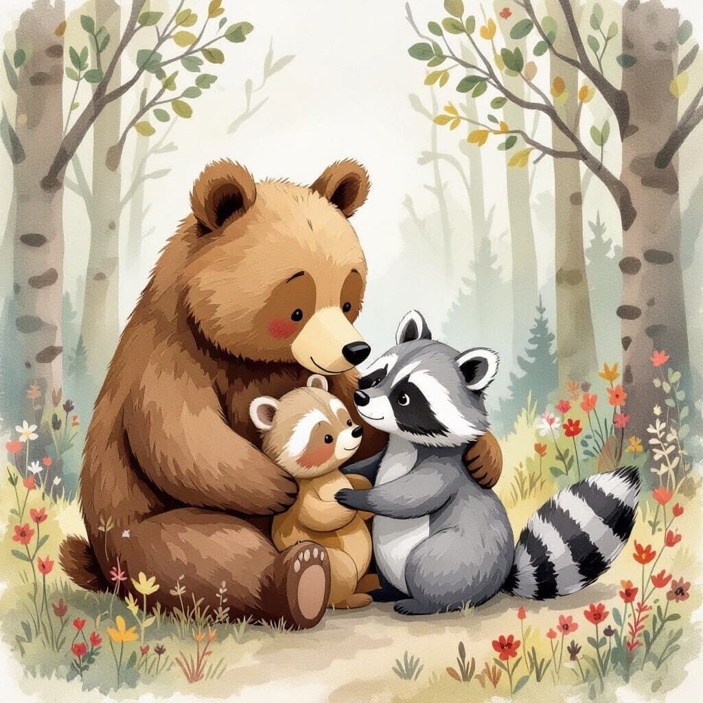 Bears Cuddling in Whimsical Forest, Watercolor Style