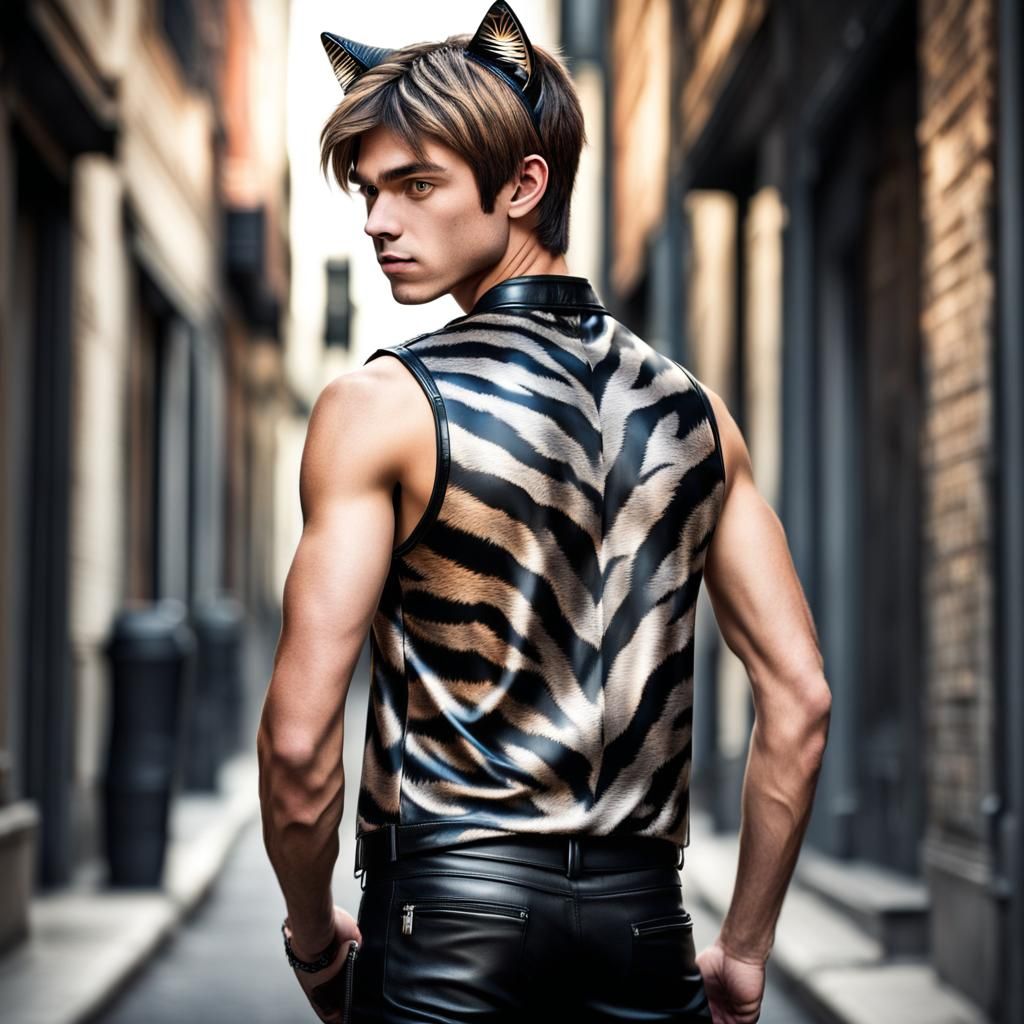 Hyperrealistic Boy with Cat Ears in Tiger Shirt