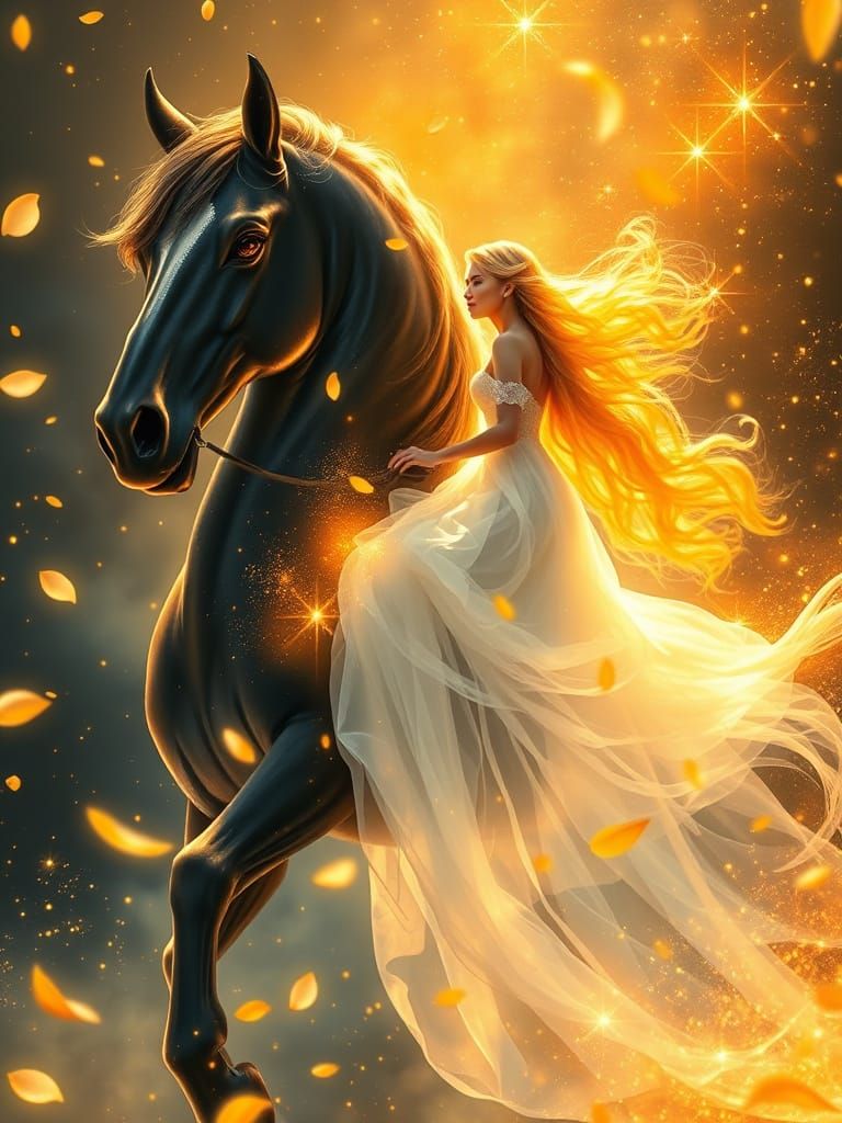 Ethereal Woman on Glowing Stallion in Cosmic Watercolor
