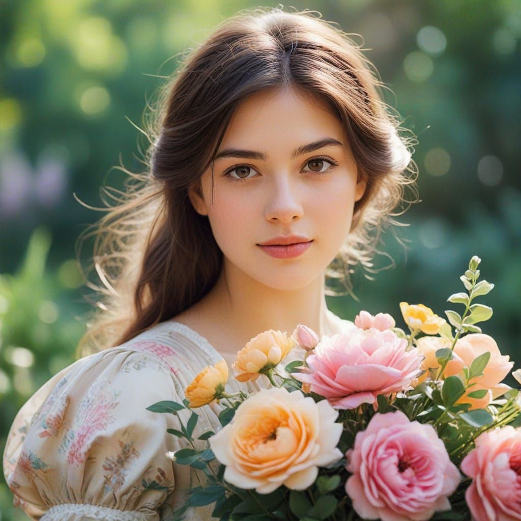 Gentle Princess Surrounded by Colorful Blooms in a Dreamy Ga...