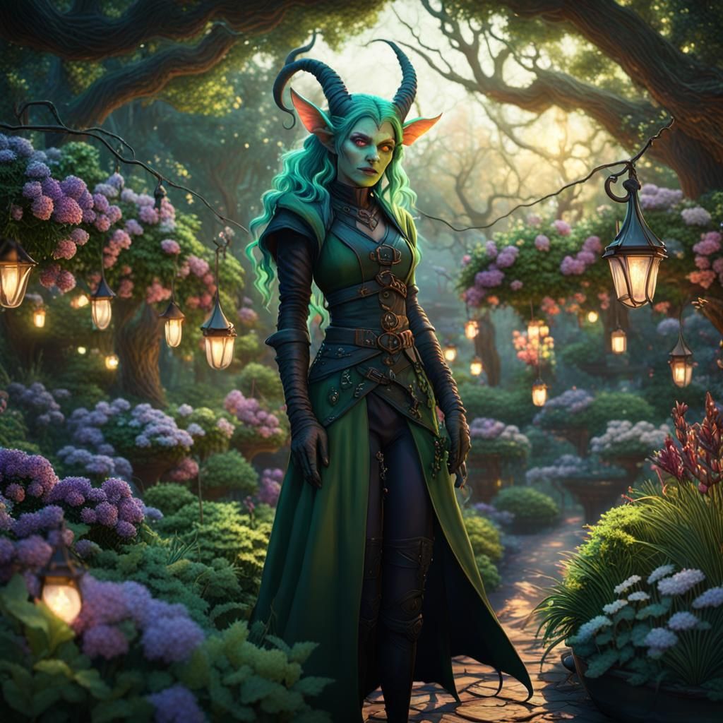 Tiefling Witch's Enchanted Garden: Dark Fantasy Art