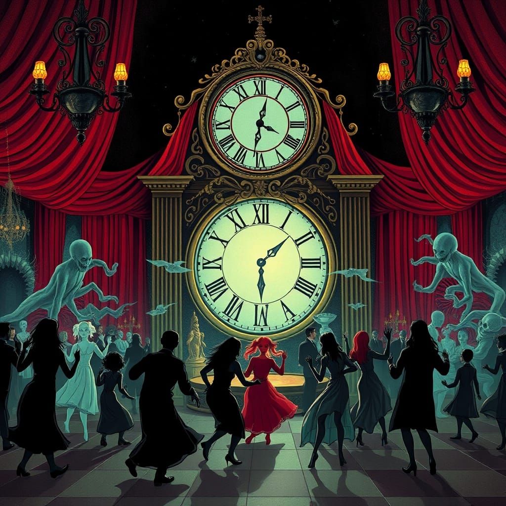 Ghosts Dance at Midnight Ball in Pop Surrealist Style