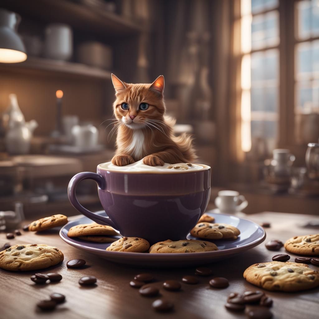 Cappuccino with Cat, Cookies, and Chantilly Cream