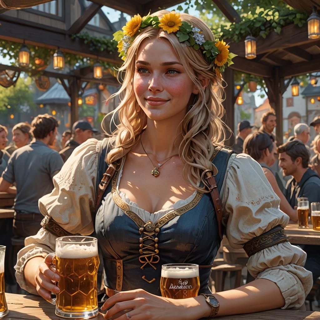 Cozy 3D Beer Garden with Scandinavian Woman