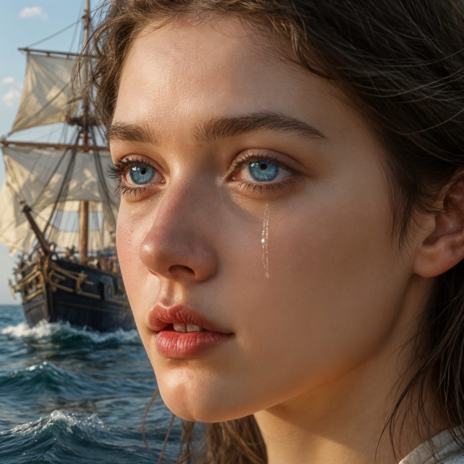 Woman's Eye Reflects Wild Sea and Tall Ship