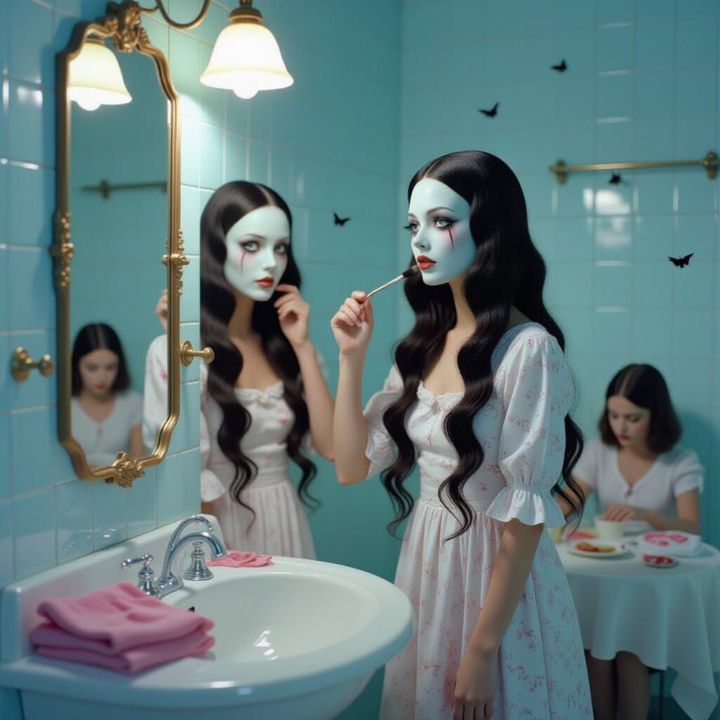 Surreal Witch Brushing Hair in Pastel Bathroom