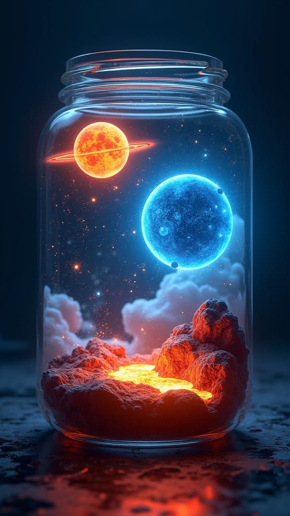 Cosmic Scene Inside Glass Jar: 3D Render