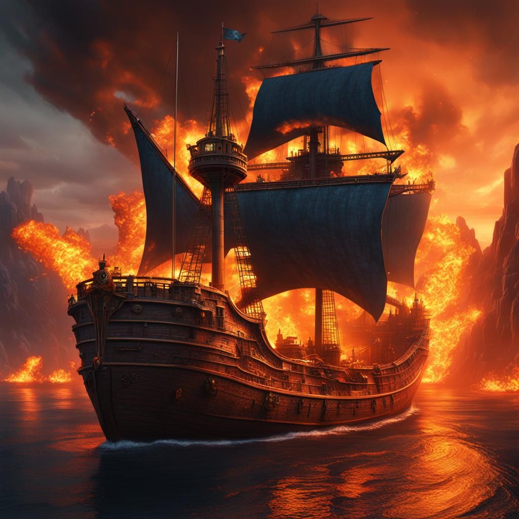 Burning Ship: Detailed Fantasy Concept Art