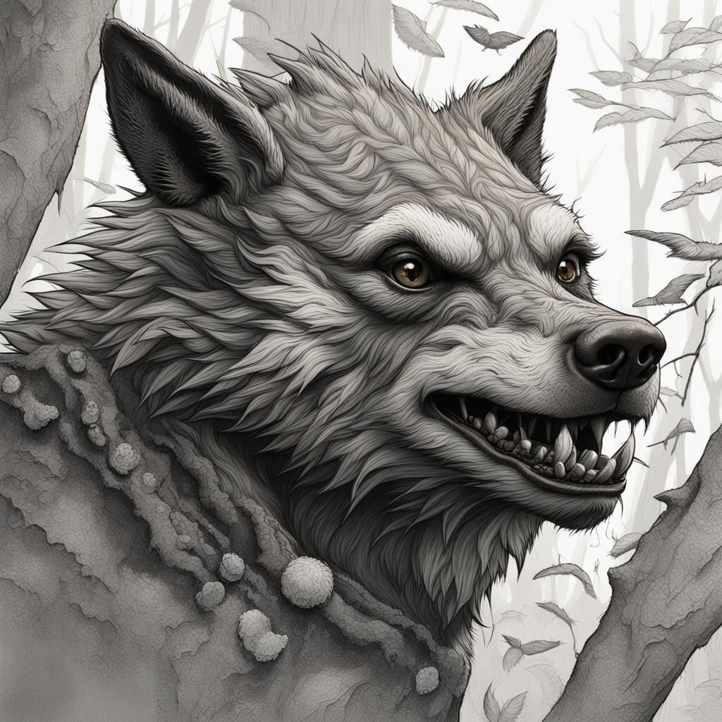Monochrome Gnoll Portrait in Woods, Hyperrealistic Style