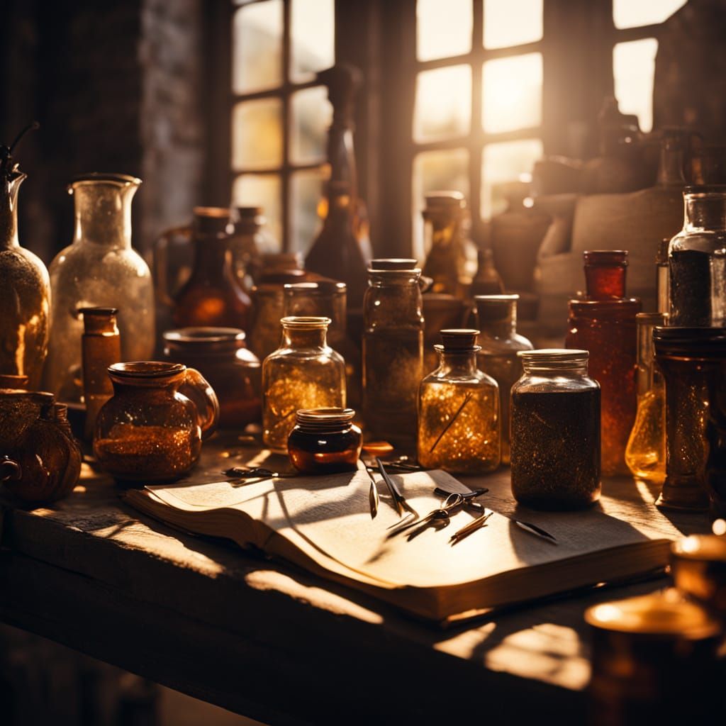 Alchemist's Desk in a Warm, Golden Light