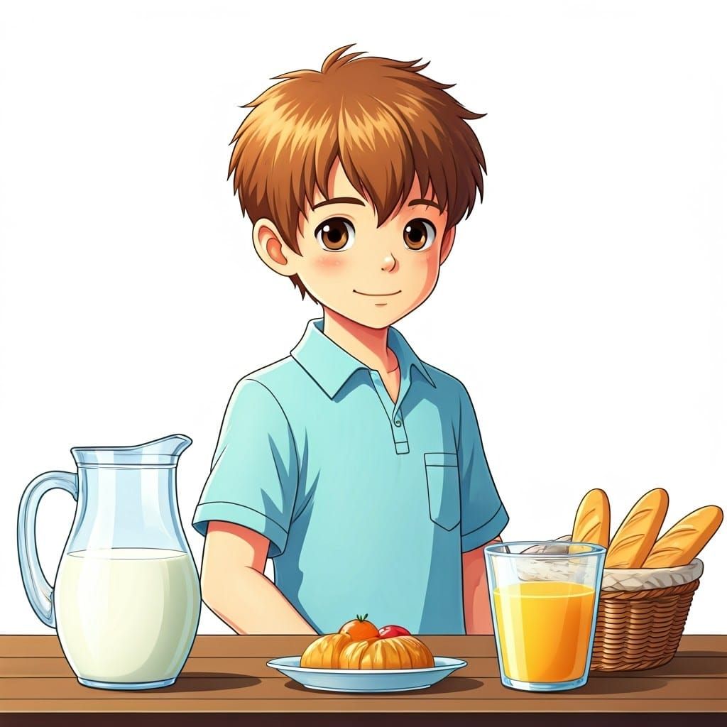 Anime Boy's Delightful Breakfast Scene in Pastel Colors