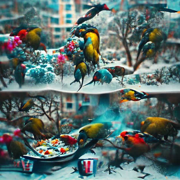 Birds Feeding in Winter: Maximalist 3D Illustration
