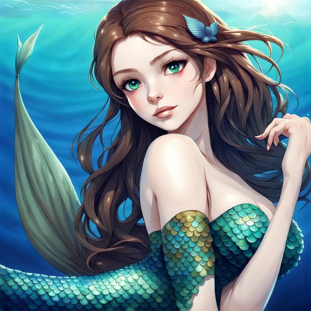 Fantasy Mermaid with Cobalt Tail and Green Eyes