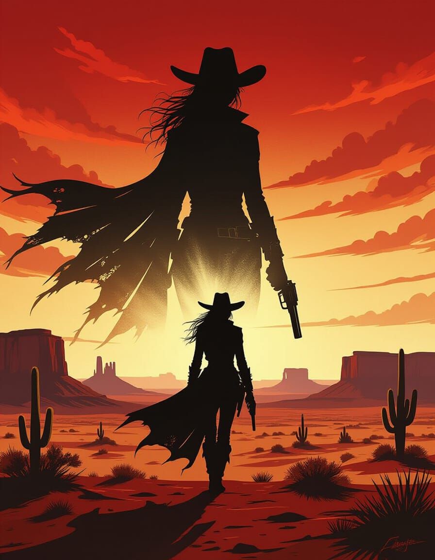 Cowgirl Silhouetted Against Red Desert Sunset