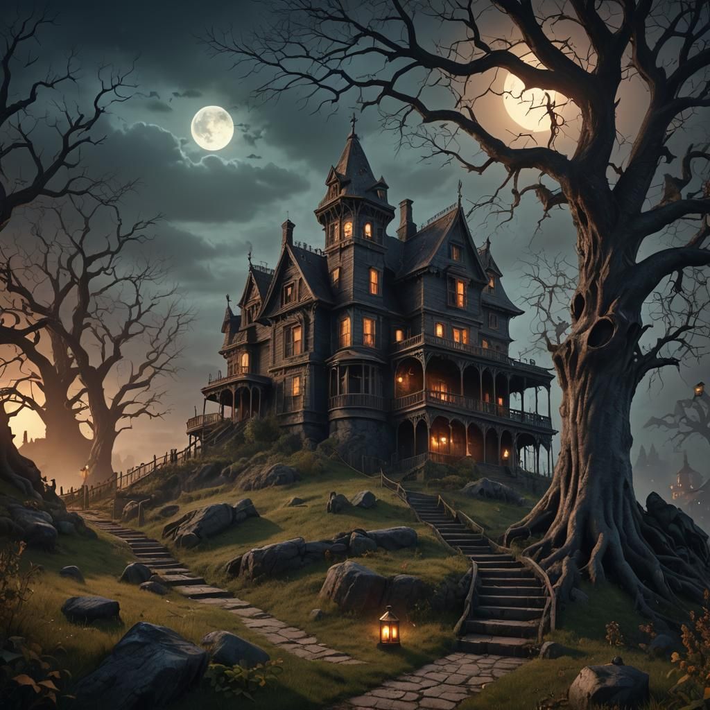 Eerie Haunted House on a Hill in 3D Style