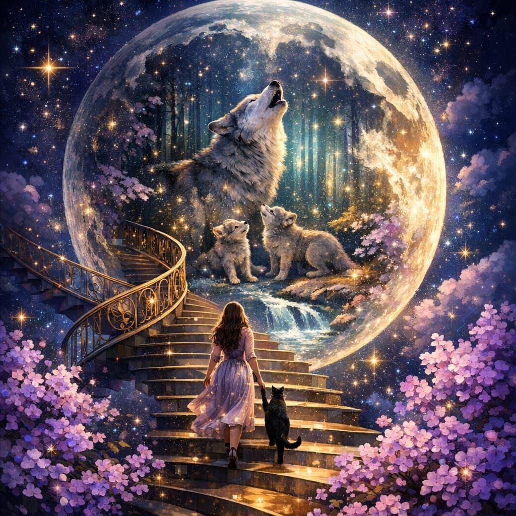 Surreal Dreamscape: Moon, Stairs, Woman, Cat, and Wolf Famil...