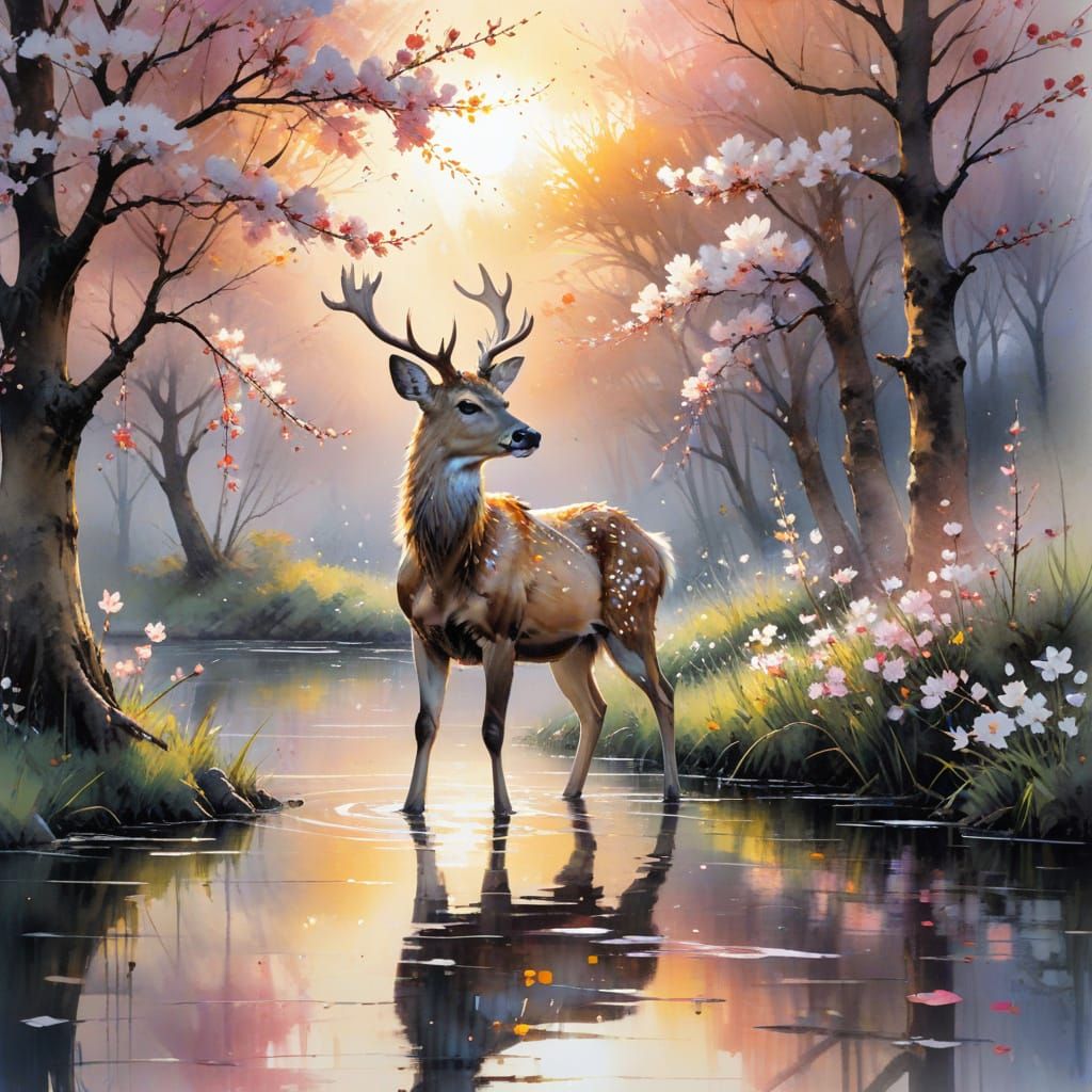 Deer Under Cherry Blossoms at Golden Sunset