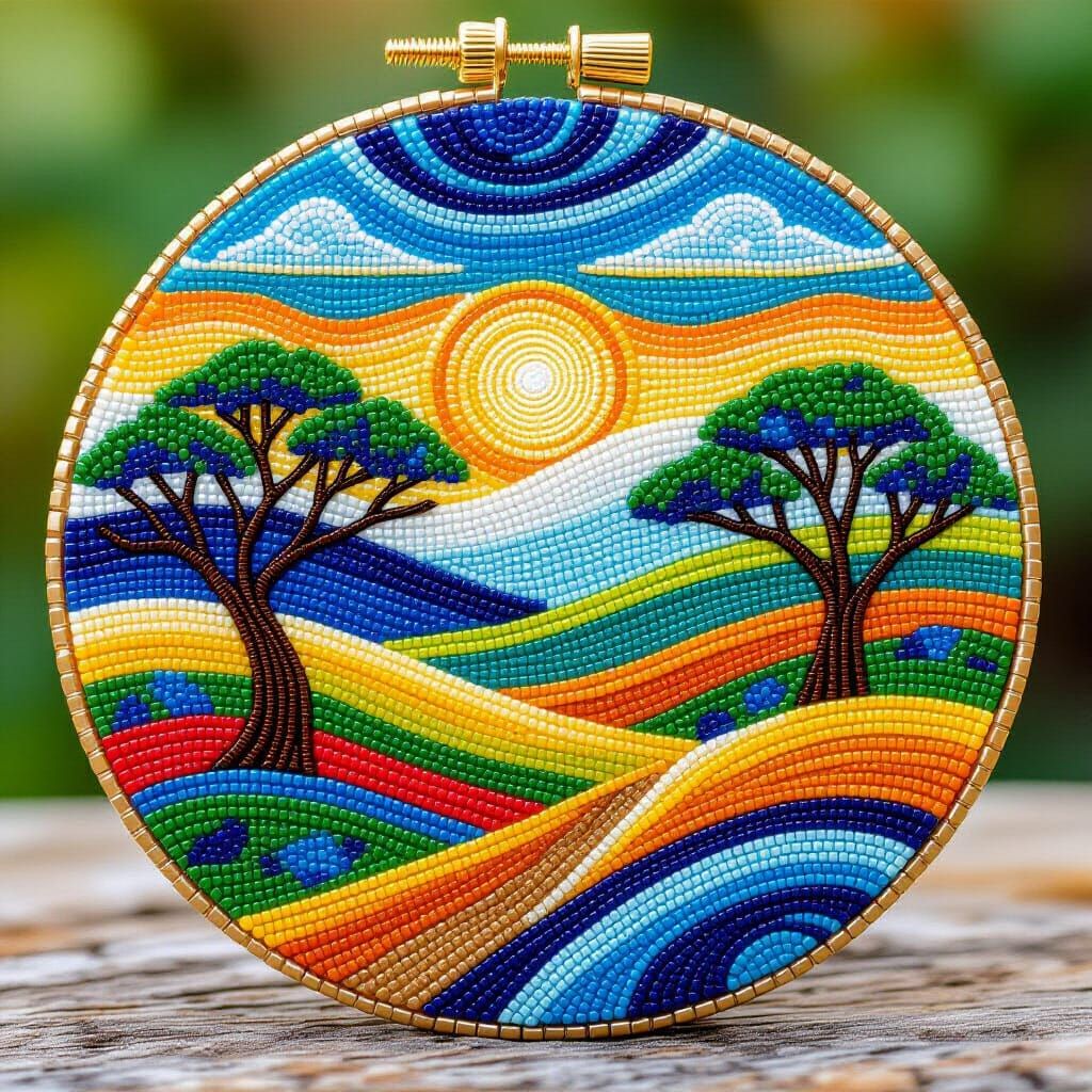 Beaded African Landscape in Simple Beadwork Style