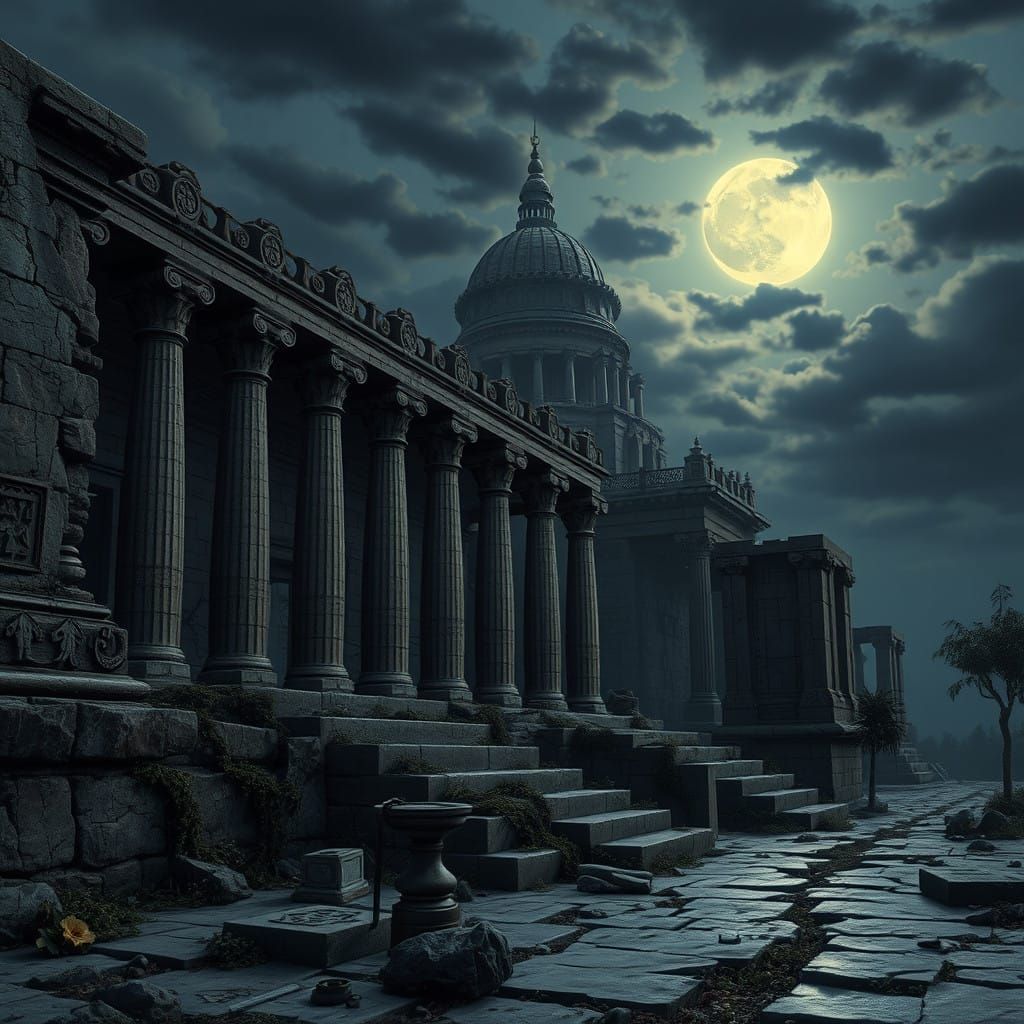 Ancient Temple Complex at Dusk in Cyberpunk Aesthetic