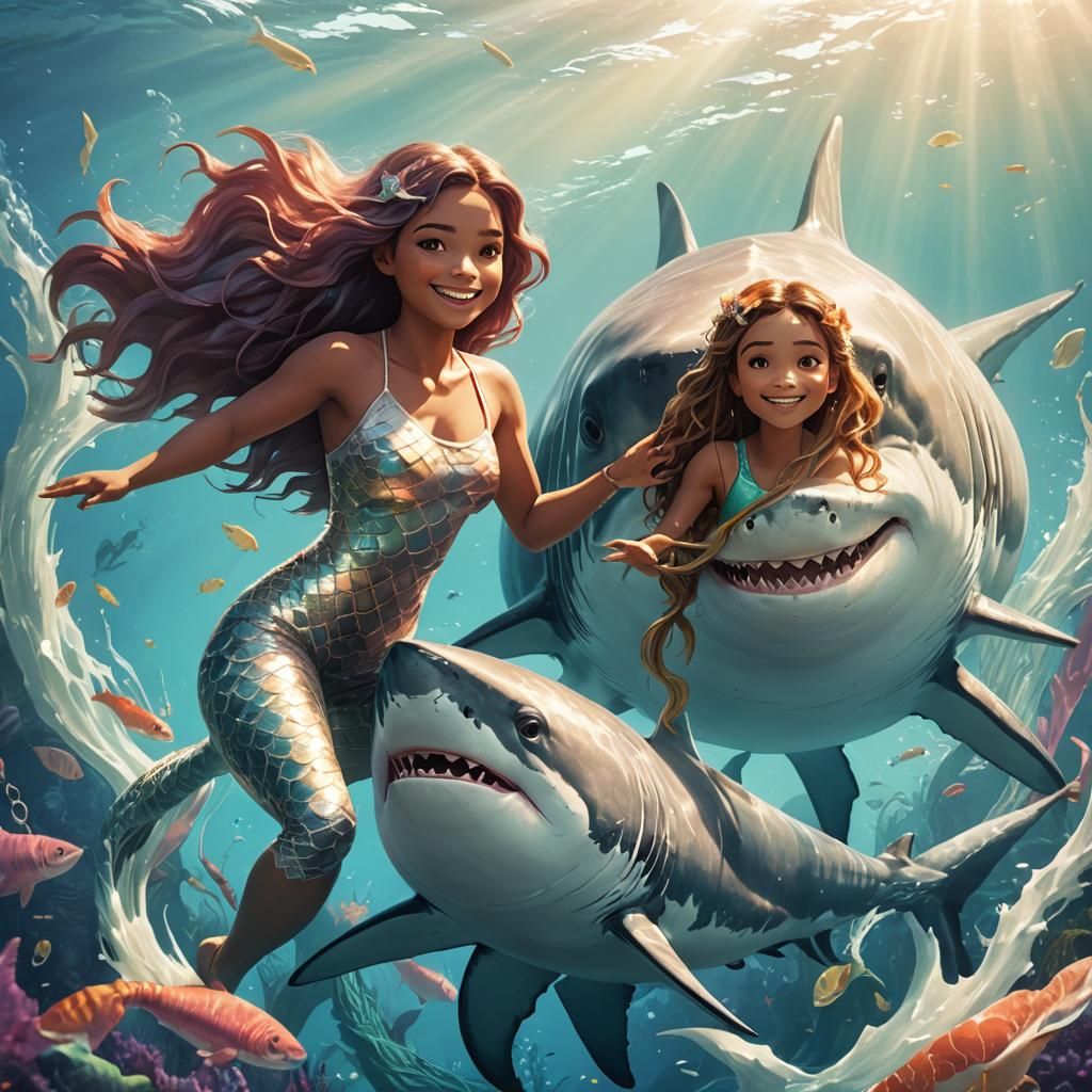 Two Smiling Mermaids in a Miyazaki-esque Underwater Scene