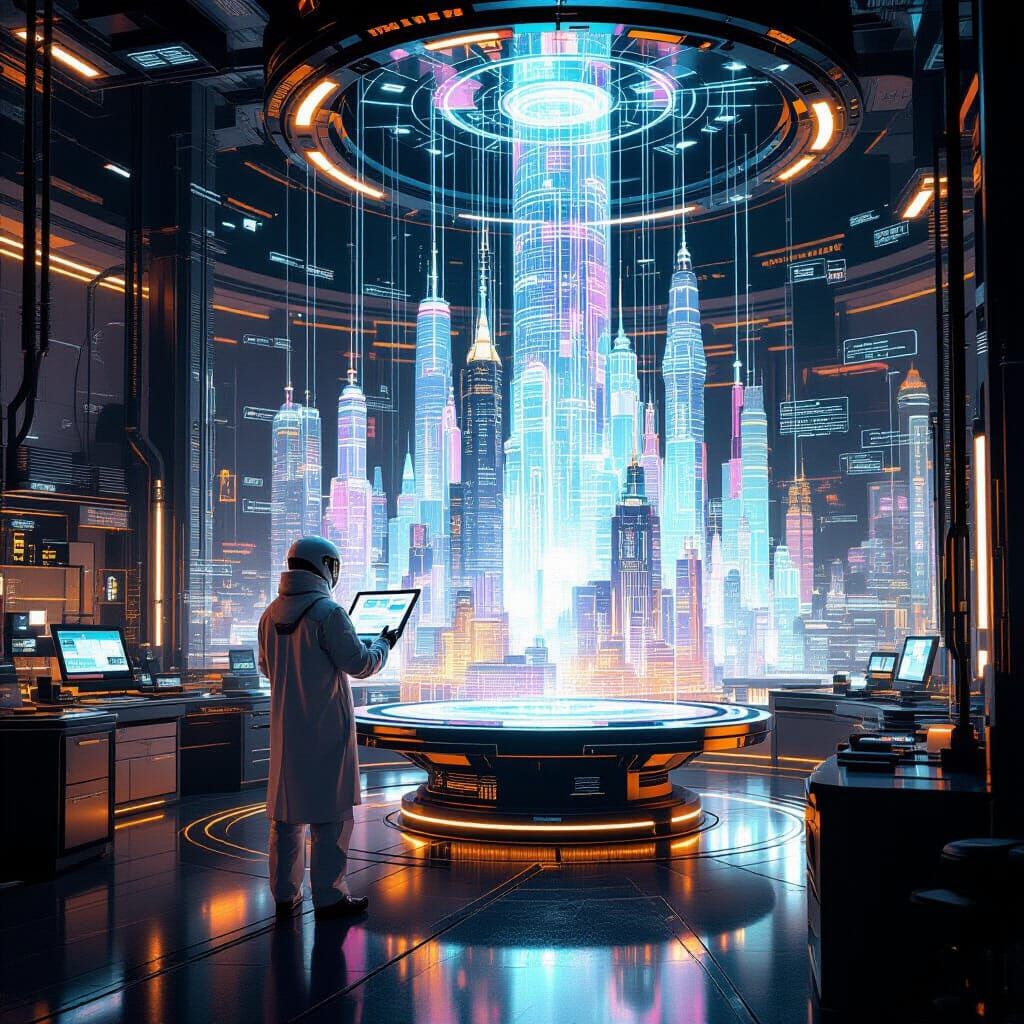 Futuristic Engineer in Workshop with Holographic City