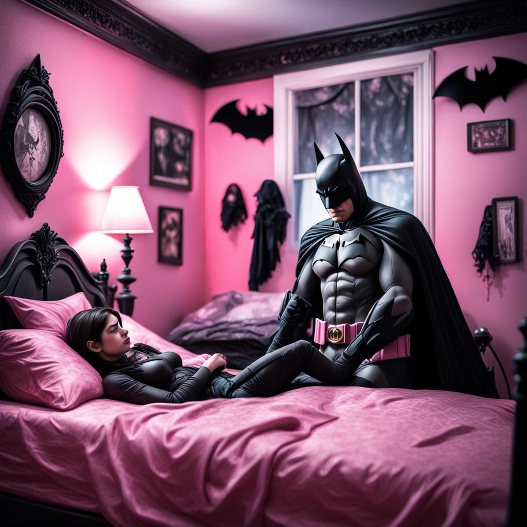 Batman Tucked into Bed in Girly Bedroom
